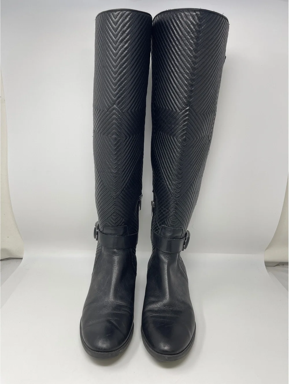 Black Leather Over The Knee Boots 9 Quilted Front Buckle Stretch Back Low Heel